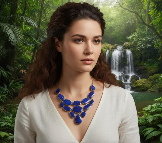 Detail of Deep Sky necklace on model showing bold statement piece and deep blue stones