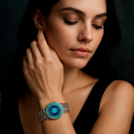 Detail of Emerald Sun bracelet showing interwoven silver design and mystical sun medallion