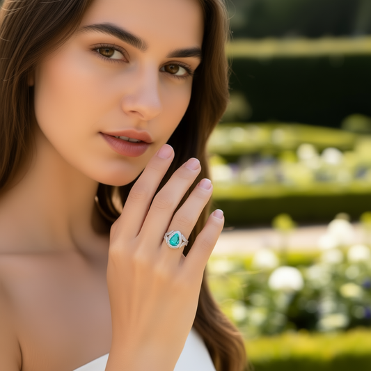 Detail of Lotus Tear ring showing green tourmaline stone and delicate lotus petal design