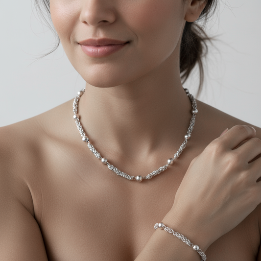 Detail of Moon Path set showing shimmering silver spheres and elegant chain design