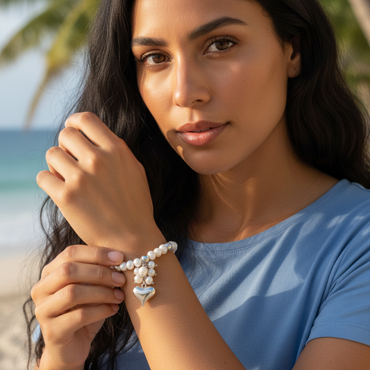Detail of Mother-of-Pearl Heart bracelet showing natural mother-of-pearl pearls and silver heart charm