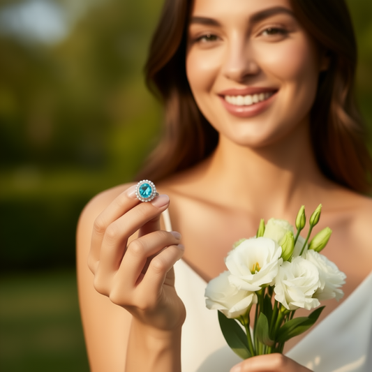 Detail of Ocean Flower ring showing round aqua-hued tourmaline and sparkling zircon setting