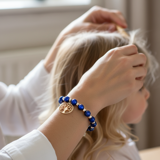 Detail of Roots of Heaven bracelet showing deep blue lapis lazuli beads and silver accents