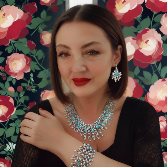 Detail of Vintage Silver Set showing silver sphere cascade and turquoise accents