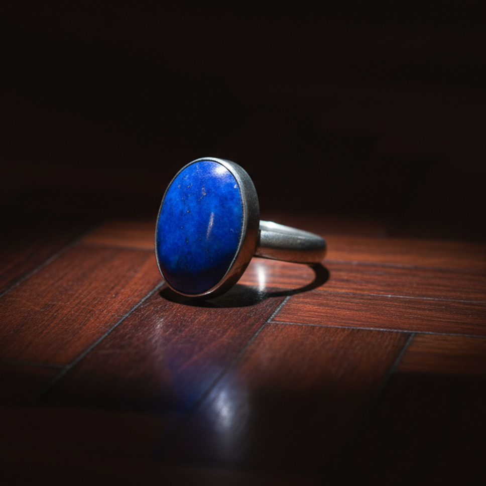 Side view Blue Portal ring highlighting handcrafted silver setting and oval stone