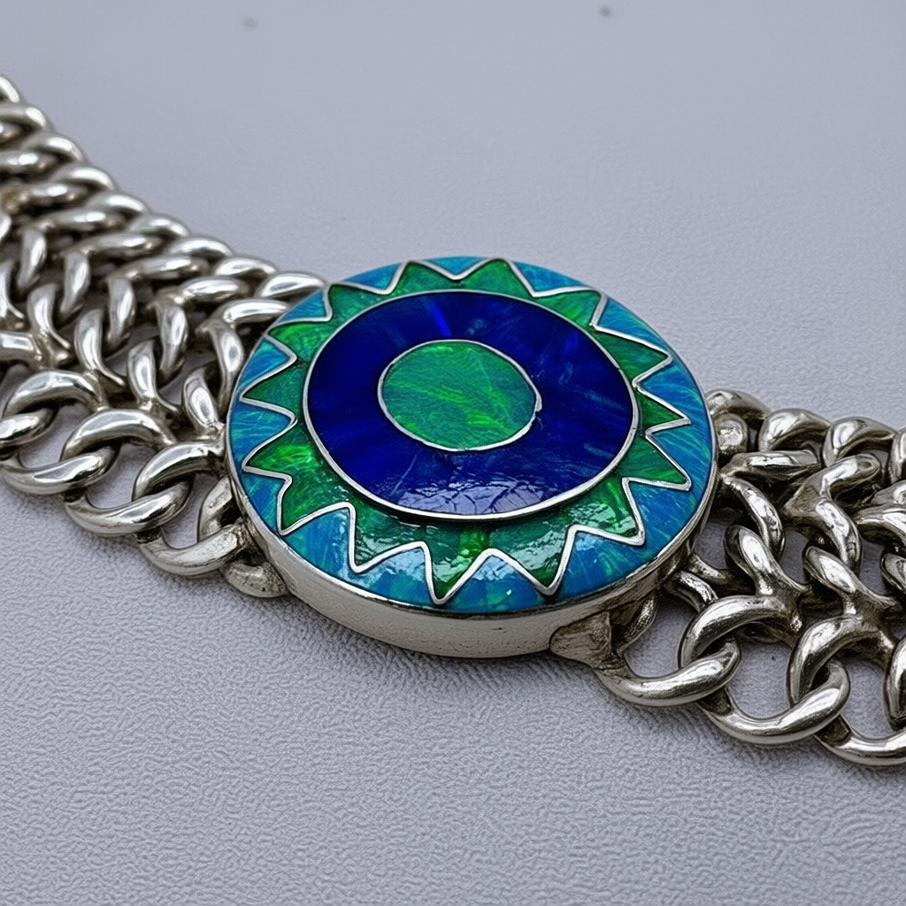 Detail macro Emerald Sun medallion highlighting natural opal iridescence and turquoise stone setting