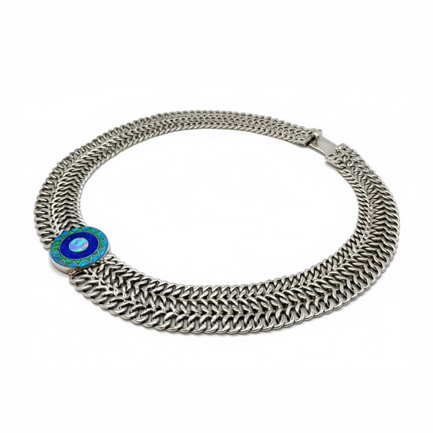 Emerald Sun sterling silver medallion necklace with opal and turquoise, front view