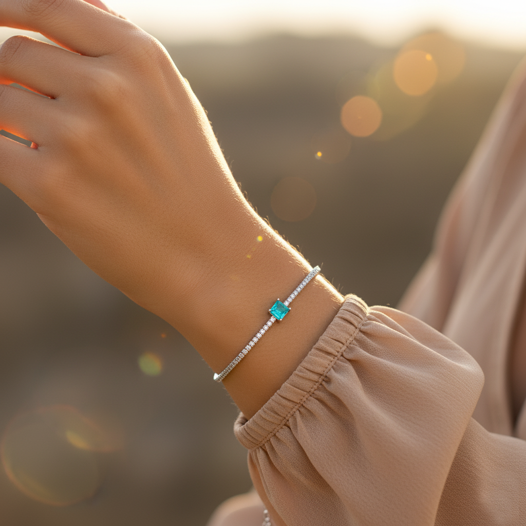 Detail of Green Essence bracelet showing central green tourmaline stone and delicate zircon setting