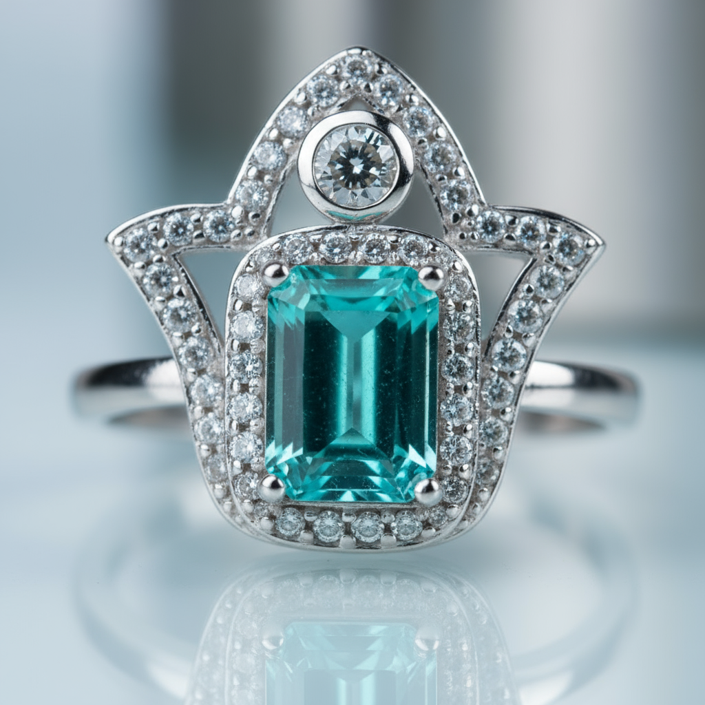 Close-up detail Hand of Light ring showing central green tourmaline brilliance and rhodium silver craftsmanship