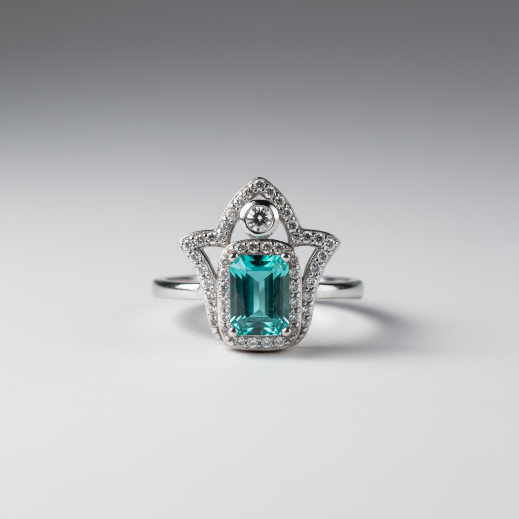 Side view Hand of Light ring highlighting protection symbol and contemporary finish