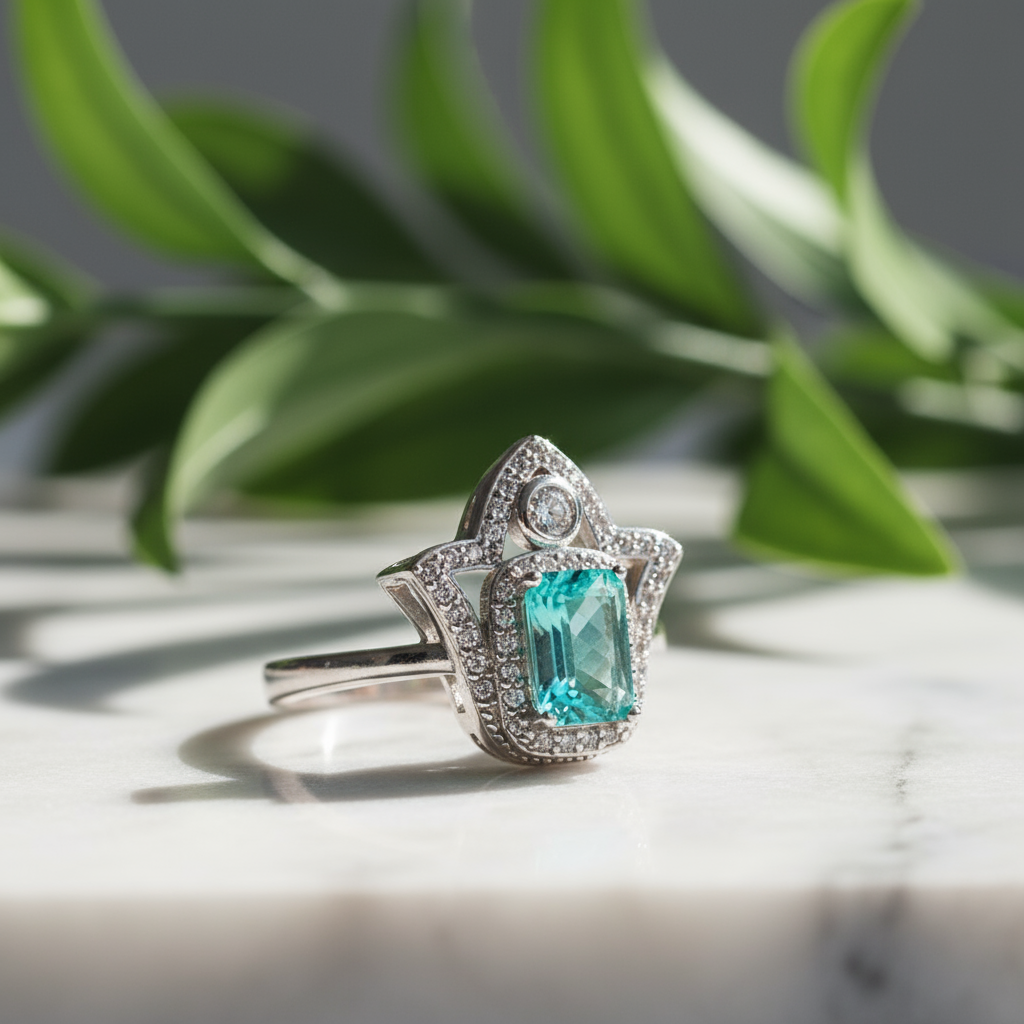 Close-up Hand of Light ring displaying tourmaline brilliance and rhodium craftsmanship