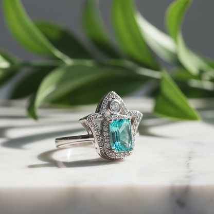 Close-up Hand of Light ring displaying tourmaline brilliance and rhodium craftsmanship