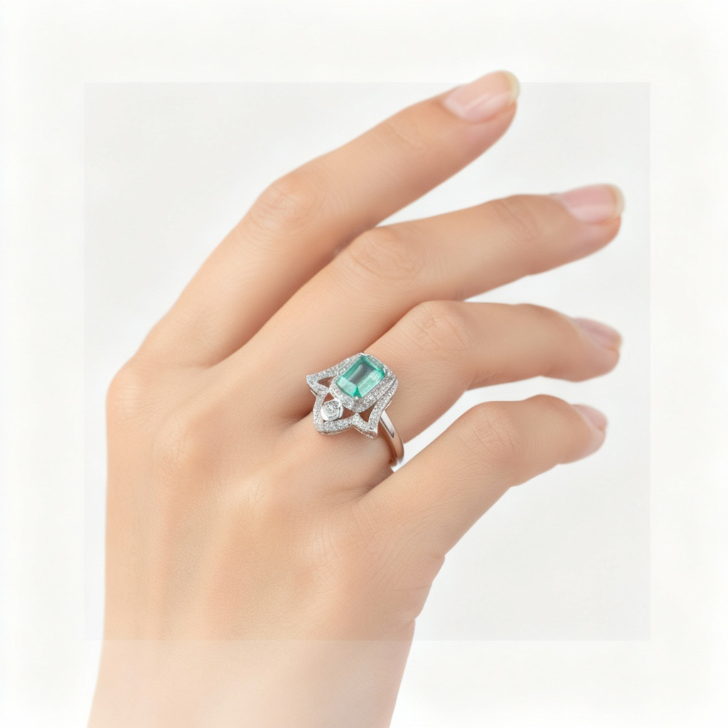 Hand of Light ring at angle showing Fatima hand symbolism and elegant design