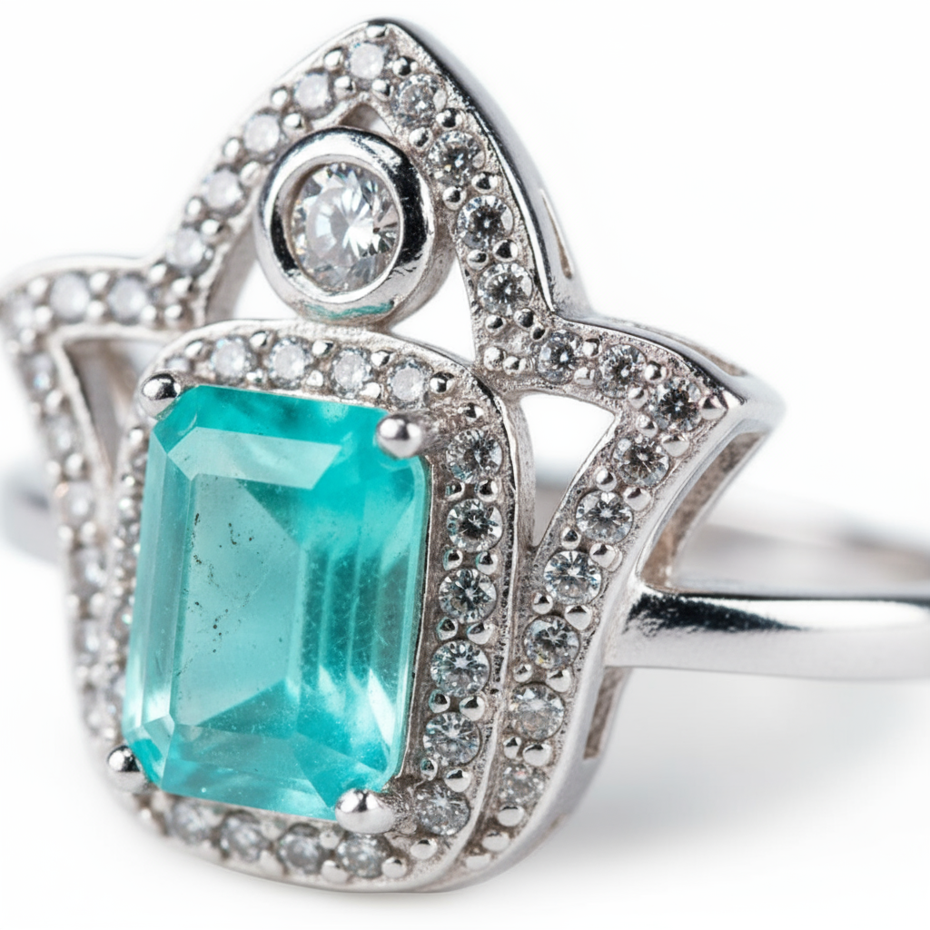 Detail macro Hand of Light ring highlighting Fatima hand engraving precision and tourmaline setting quality