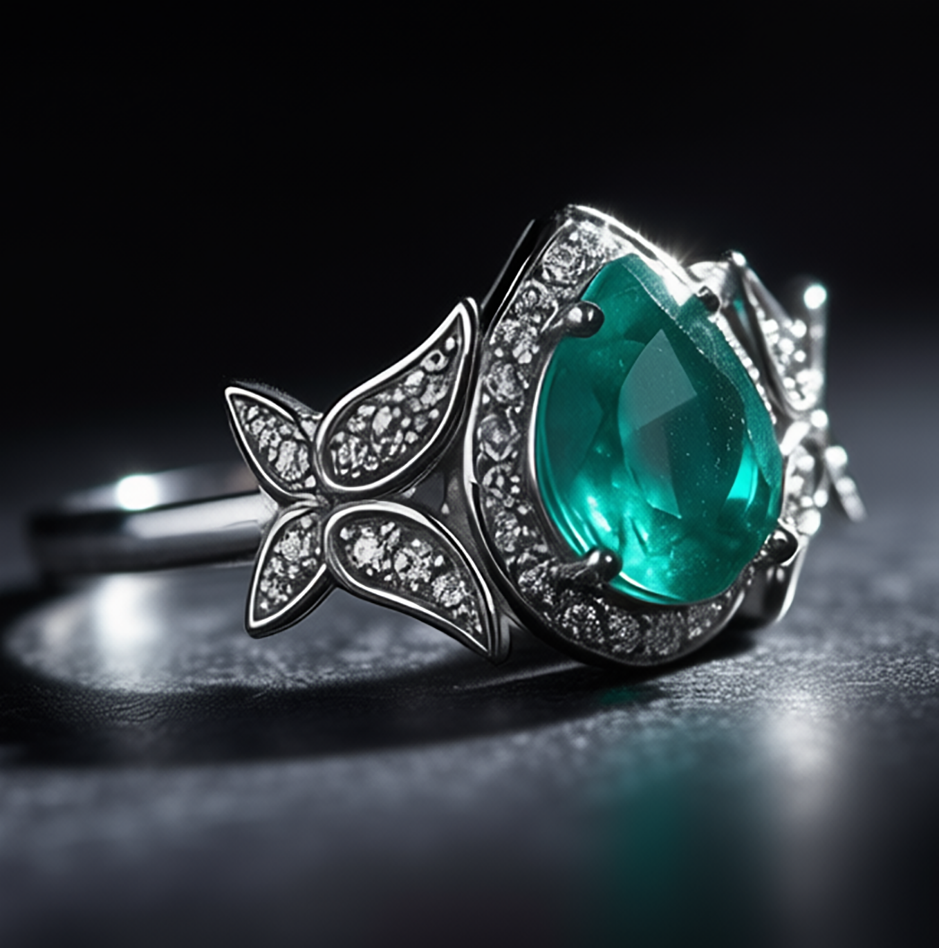 Close-up detail Lotus Tear ring showing artisanal rhodium silver work and spiritual craftsmanship